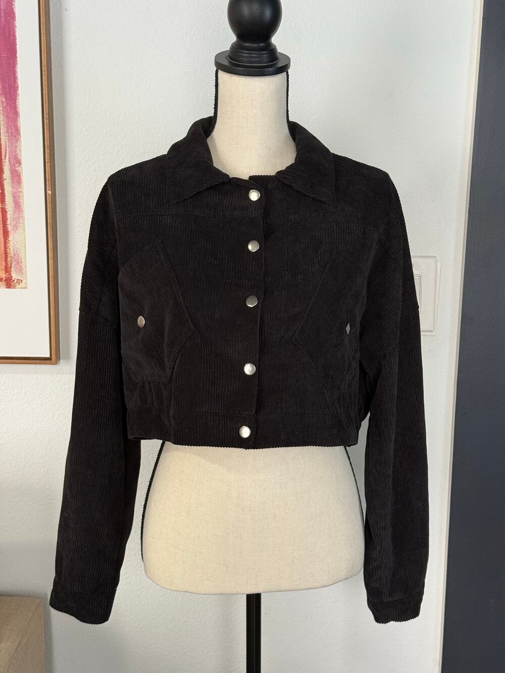 Shang Fang Black Cropped Corduroy Jacket Women’s Oversized Snap Front Shacket